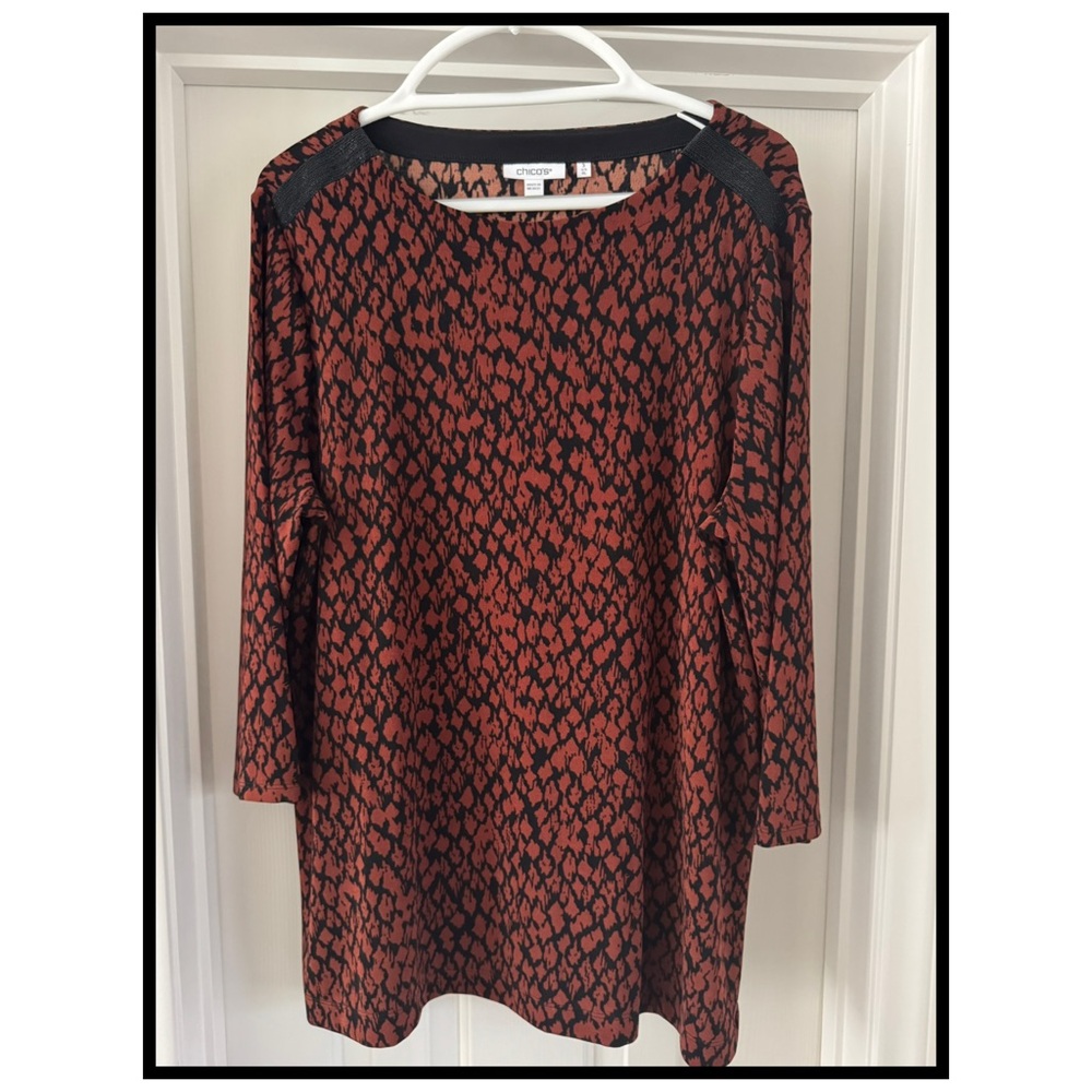 Chico’s 3 ▪️Women’s Rust Black Liquid Knit 3/4 Sleeves Print Top Size 14/16